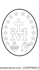 Miraculous Medal Sacred Heart Of Jesus And Immaculate Heart Of Mary Vector Illustration