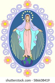 Miraculous Medal-Our Lady standing on a globe in an oval decorated with volutes and flowers