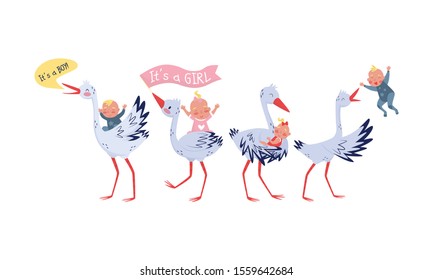 Miraculous Storks Deliver Newborn Boys and Girls Home Vector Illustration Set Isolated On White Background