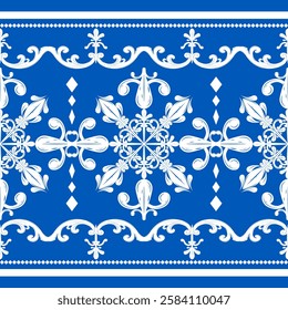 Miraculously Classic Indigo Blue With White Silk Weaves Baroque Fleur de lis Decoration Pattern. Elegance Luxury Scroll Ornament and Geometric Exquisitely Flawless Detailed Neatly Craft Fabrics Border