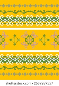 Miraculously Delicate Scroll Ornament White Green Purple on Yellow Background. Flowery Blooming Border Pattern for Luxury Decoration Wallpaper Interior Silk Lace Embroidery Tiles Mosaic Handkerchief 