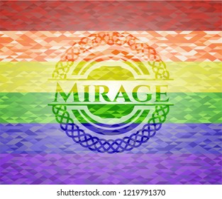 Mirage emblem on mosaic background with the colors of the LGBT flag