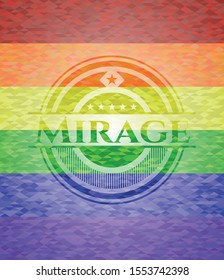 Mirage emblem on mosaic background with the colors of the LGBT flag