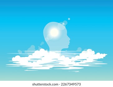 Un espejismo de una chica en las nubes. El sol brillante simboliza una mente pura. Surrealismo, silueta. Ilustración del vector