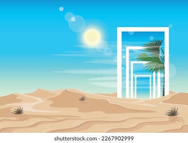 Mirage or portal in a hot desert with bushes. Surreal with repetitive doors or windows. Vector illustration