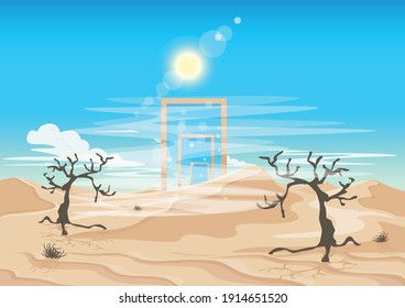 Mirage or portal in a hot desert with dead trees. Surreal with repetitive doors or windows. Vector illustration