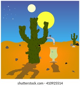 Mirage-tequila cocktail. Drought, desert, cactus. Solar seamless pattern with cactus in the desert, in a trendy flat style . Hand drawn sketch of alcoholic cocktails. Vector illustration. 