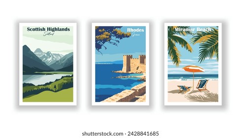 Miramar Beach, Florida. Rhodes, Greece. Scottish Highlands, Scotland - Vintage travel poster. Vector illustration. High quality prints