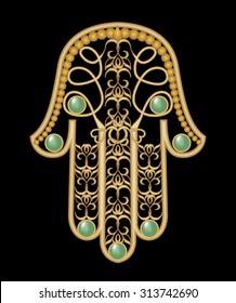 Miriam hand - amulet of protection in gold filigree design with green  emerald gem, hamsa