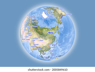 Mirny-Russia is shown on vector globe map. The map shows Mirny-Russia 's location in the world.