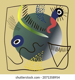 Miro stile.Abstract vector illustration. Contamporary art.
Black lines and spots. Face, eyes, funny colors. 