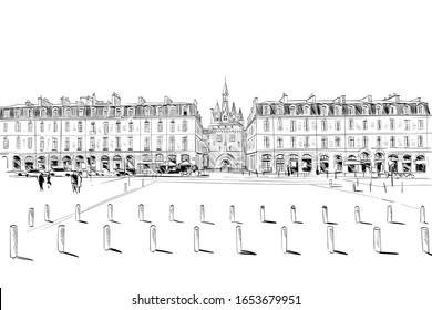 Miroir d'eau. Bordeaux. France. Hand drawn sketch. Vector illustration.
