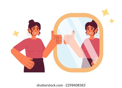 Reflejar afirmaciones de concepto plano de ilustración de punto vectorial. Mujer con el pulgar hacia arriba reflejo en espejo 2D personaje de caricatura sobre blanco para diseño de interfaz de usuario web. Buen trabajo. Autoamor aislado editable imagen de héroe