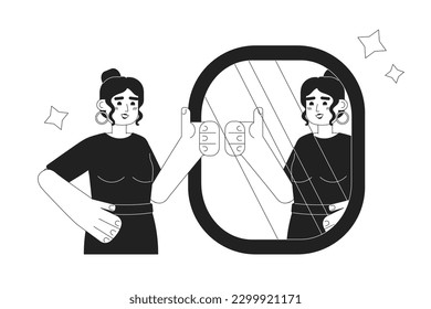 Mirror affirmations monochrome concept vector spot illustration. Woman with thumb up reflection mirror 2D flat bw cartoon character for web UI design. Good job isolated editable hand drawn hero image