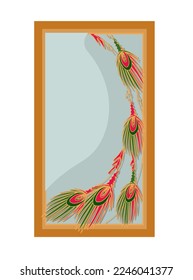 mirror in art deco style. Art Nouveau style. Vertical mirror with peacock feathers. Fashion style sticker.