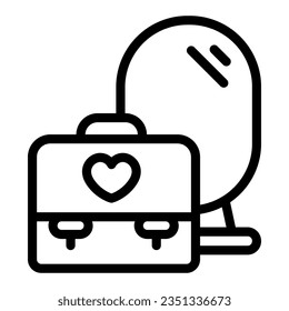 Mirror and bag with heart line icon, makeup routine concept, Cosmetic and Makeup place sign on white background, Suitcase with heart and glass icon outline style. Vector graphics.