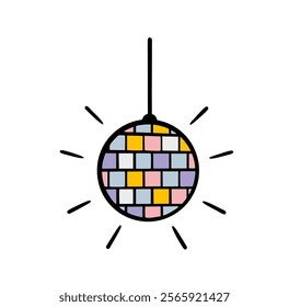 Mirror ball hangs from the ceiling in a disco club and creates a festive atmosphere. People are dancing and having fun. Vector illustration of retro devices for lighting effects. Sparkles glass.