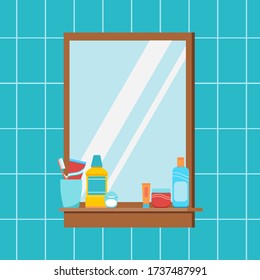 Mirror in bathroom with hygiene accessories on shelf. Home interior scene background - square mirror with toothpaste, toothbrush, cosmetic cream, dental floss. Flat design cartoon vector illustration.