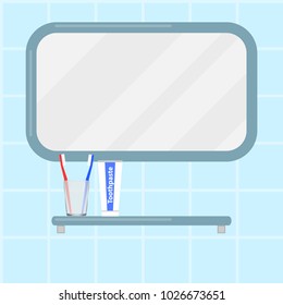 Mirror in the bathroom with a toothbrush. Bathroom interior with a mirror. Flat design, vector illustration, vector.