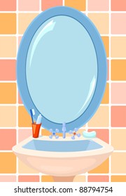 Mirror And Bowl In A Bathroom. Vector Illustration.