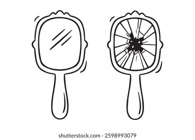 mirror, broken mirror with handle doodle hand drawn icon. Outline drawing mirror line clipart symbol. Vector illustration