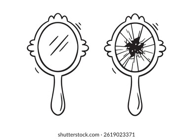 Espejo, espejo roto con el icono dibujado a mano del garabato de la manija. Símbolo de Clipart de línea de espejo de dibujo de contorno. Ilustración vectorial