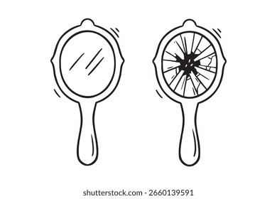 mirror, broken mirror with handle doodle hand drawn icon. Outline drawing mirror line clipart symbol. Vector illustration