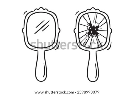 mirror, broken mirror with handle doodle hand drawn icon. Outline drawing mirror line clipart symbol. Vector illustration