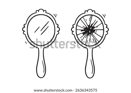 mirror, broken mirror with handle doodle hand drawn icon. Outline drawing mirror line clipart symbol. Vector illustration