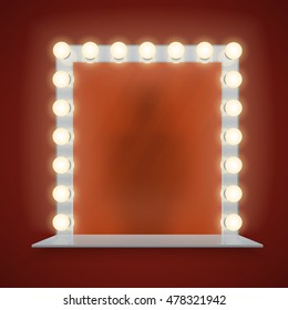 Mirror in bulbs frame with makeup table for dressing room or backstage, vector illustration