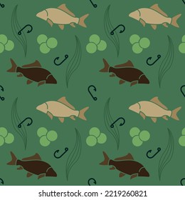 Mirror carp seamless pattern design, freshwater fishing repeat background template, camouflage angler icons, repetitive wrapping vector, fish bait illustration, green underwater surface wallpaper