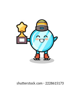 mirror cartoon as an ice skating player hold winner trophy , cute style design for t shirt, sticker, logo element