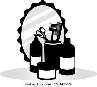 
mirror, comb, cream, jars, scissors on a white background