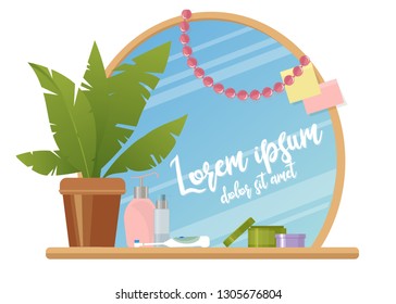 Mirror with cosmetics and face care products with space for text.Vector cartoon illustration