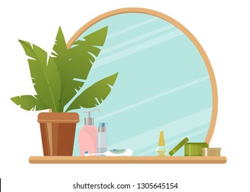 Mirror with cosmetics and face care products.Vector cartoon illustration