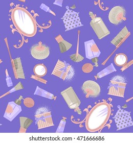 Mirror and cosmetics. Retro style. Art deco. Seamless background pattern. Vector illustration