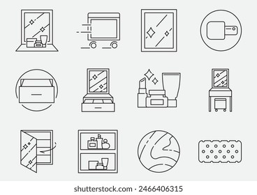 mirror desk icon set designed in line icon style with benefits of large size mirror and material such as wooden and sponge.