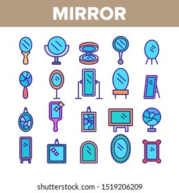 Mirror Different Form Collection Icons Set Vector Thin Line. Broken And New, Ancient And Modern, Hand And Wall Mirror Concept Linear Pictograms. Accessory Color Contour Illustrations