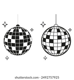 Mirror disco ball with glitters. Discoball for music party. Shining nightclub sphere. Mirrorball in discotheque style. Nightlife symbol. Black and white vector illustration on white background.