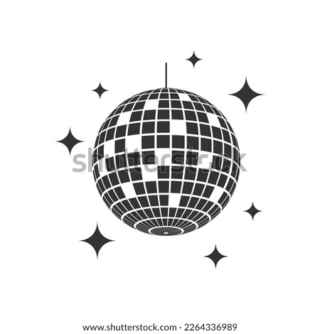 Mirror disco ball with glitters icon. Shining nightclub sphere. Dance music party discoball. Mirrorball in 70s 80s discotheque style. Nightlife symbol isolated on white background. Vector illustration