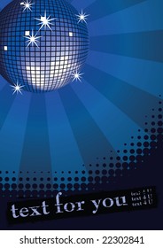 Mirror disco ball on dark blue rays background. Halftone grunge banner for your text. Vector illustration.