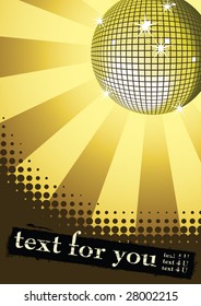 Mirror disco ball on gold rays background. Halftone grunge banner for you text. Vector illustration.