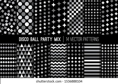 Mirror Disco Ball Party Vector Patterns. Silver Gradient Sparkles. Glow in The Dark Backgrounds. Shiny Metallic Dots, Chevron, Diamonds, Confetti and Stars Prints. Pattern Tile Swatches Included.