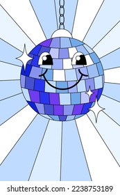 Mirror disco ball in trendy retro cartoon style. Groovy vector background in light blue colours. 