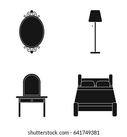 Mirror, drawer, table lamp, bed.Furniture set collection icons in black style vector symbol stock illustration web.