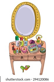 Mirror and dressing table with make up and cosmetics