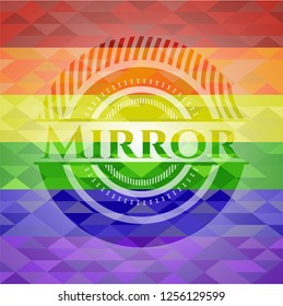 Mirror emblem on mosaic background with the colors of the LGBT flag