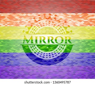 Mirror emblem on mosaic background with the colors of the LGBT flag