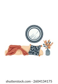 mirror and floral vase vector with soft blanket and cushion