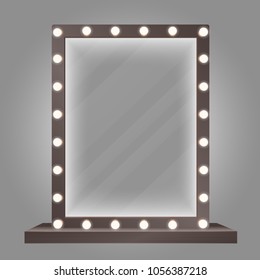 Mirror in frame with bulb lights. Makeup mirror vector illustration.